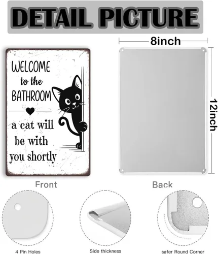 Vista 3 de Divertida decoración de baño – Welcome to the Bathroom A Cat Will Be With You Shortly – Cartel de metal de gato negro para baño, inodoro o tocador