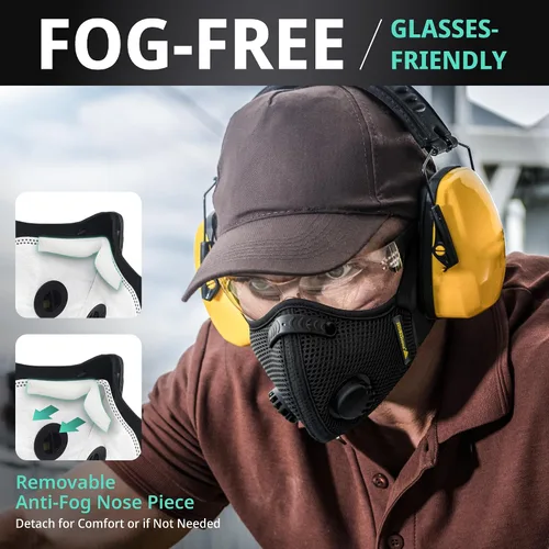 Vista 5 de FIGHTECH Máscara antipolvo – 3 tamaños – Mascarilla reutilizable con filtros de carbono y válvulas de aire para carpintería, construcción, mudanza