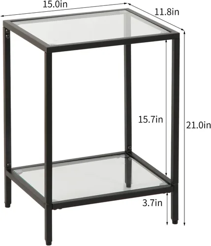 Vista 3 de Gawicpy Moderna mesa auxiliar de vidrio templado de 2 niveles, elegante mesa auxiliar de metal negro para espacios pequeños, perfecta para sala
