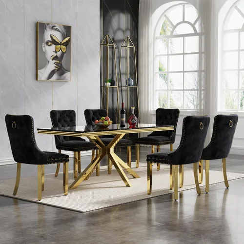 Vista 48 de HomVent - Juego de mesa de comedor de mármol sintético de 68 pulgadas con 4 sillas de terciopelo para cocina Modern Rectangular Faux Marble