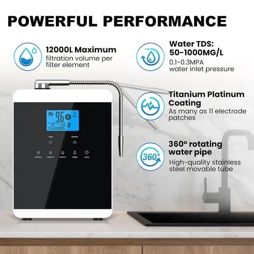Vista 4 de Máquina ionizadora de agua alcalina para el hogar, 11 placas de titanio, máquina de agua alcalina, purificador de agua ácido pH 4-10.5, filtro