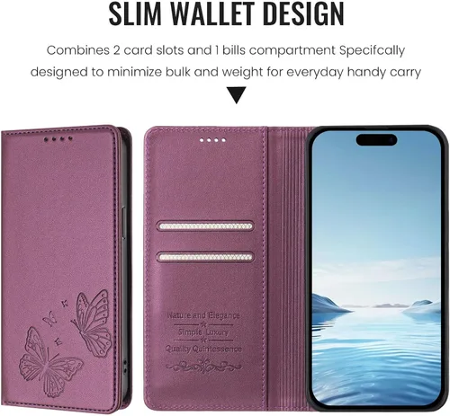 Vista 8 de Butterfly Embossed Leather Wallet Flip Case for Motorola Moto E22 4G, Magnetic Closure, RFID Blocking Cover, Card Holder Purple.