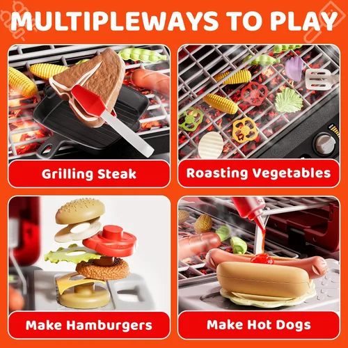 Vista 4 de Juguetes de cocina para niños, juego de parrilla BBQ para niños, juguete de barbacoa de 2 niveles con ruedas, sonido de humo y luz, juego