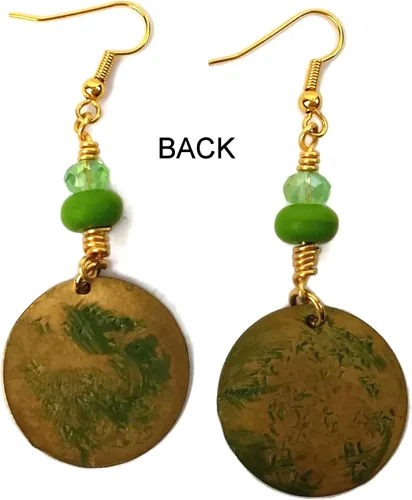 Vista 3 de Lime Green Round Earrings, Nickel Free, Hammered Brass, Boho Style, Rustic