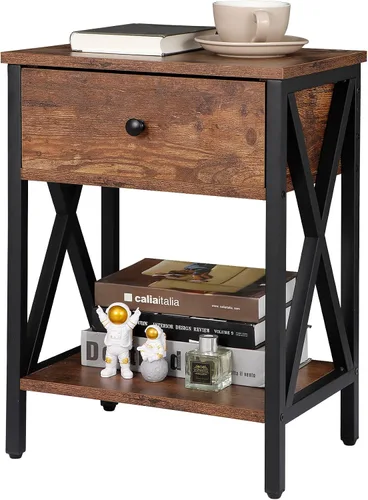 Vista 7 de SUPER DEAL Juego de 2 mesitas de noche con cajón y estante de almacenamiento, mesita de noche industrial, marco en X de metal resistente