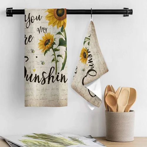 Vista 3 de Toallas de cocina rústicas de girasol, papel de periódico retro marrón rústico de microfibra absorbente para platos de cocina, toalla de baño