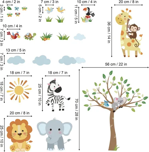 Vista 4 de decalmile Pegatinas de pared de animales de la selva mono, árbol, elefante