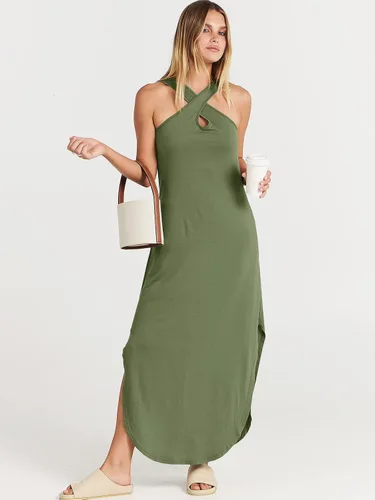 Vista 2 de ANRABESS Vestido largo casual de verano para mujer, con tirantes cruzados, sexy, abertura lateral, sin mangas, suelto, para playa, con bolsillos