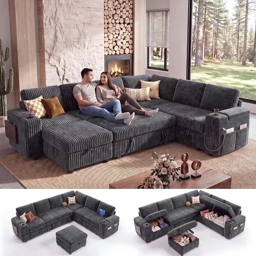 Vista 28 de WEUP Sofá cama modular de 111 pulgadas con cama extraíble, sofá de pana de felpa en forma de L de 7 asientos con diván de almacenamiento, puertos