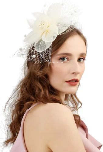 Vista 3 de Cizoe sombrero fascinador para mujer, con pinza para el cabello, sombrero con plumas para fiesta de té, para bodas, sombrero para novia