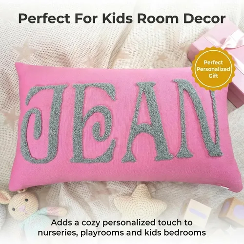 Vista 3 de mia'spillow lab Almohada personalizada con nombre para la habitación de los niños, almohada bordada con aguja perforadora, almohada de algodón hecha