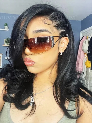 Vista 6 de Gafas de sol Y2K envolventes para mujeres y hombres, gafas de sol con parte superior plana, gafas de sol futuristas sin marco con lentes degradadas
