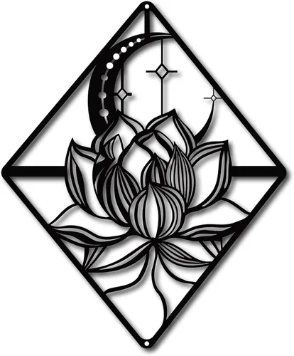 Vista 9 de CREATCABIN Arte de pared de loto de metal con diseño de luna y flores, adornos negros, letreros para decoración de pared, escultura colgante