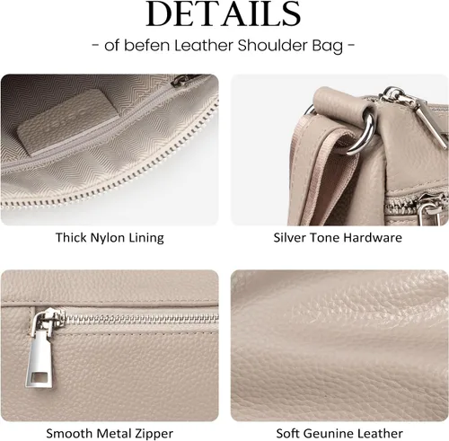 Vista 5 de befen Bolsos cruzados de cuero genuino para mujer, bolsillos medianos para mujer, bolsos de hombro con múltiples bolsillos con cremallera