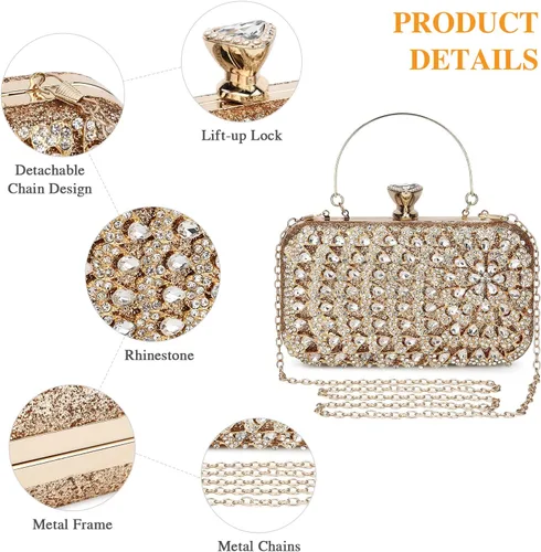 Vista 4 de UBORSE Bolso de mano de cristal de pavo real para mujer, bolsos de noche, con diamantes de imitación formales, con purpurina, para boda, novia