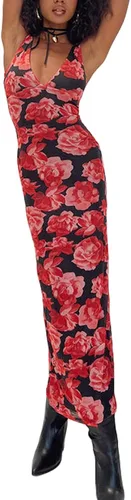 Vista 2 de Vestido largo sexy con estampado floral para mujer, con tirantes delgados, corte bajo, espalda descubierta, midi, vestido bodycon para verano y playa