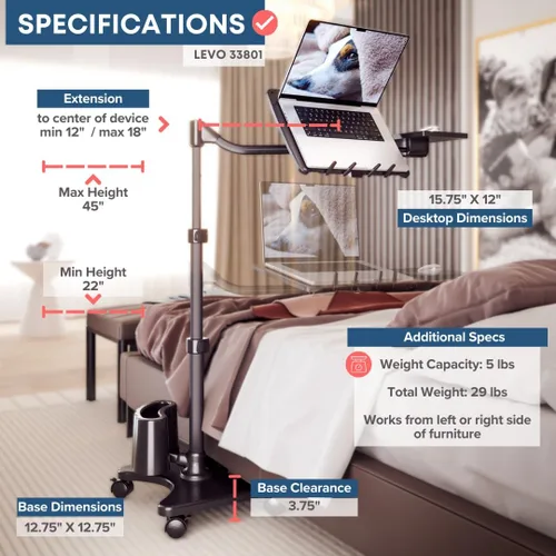 Vista 7 de LEVO G2-801 Deluxe - Soporte rodante para laptop con bandeja para ratón, color bronce y negro