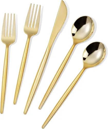 Vista 16 de MirthMood - 36 cubiertos de plástico dorados, cubiertos dorados desechables, utensilios desechables resistentes, juego de cubiertos de plástico