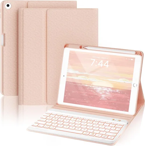 Vista 28 de OYEEICE Funda de teclado para iPad 6ª/5ª generación de 9.7 pulgadas, teclado inalámbrico desmontable retroiluminado de 7 colores, cubierta magnética
