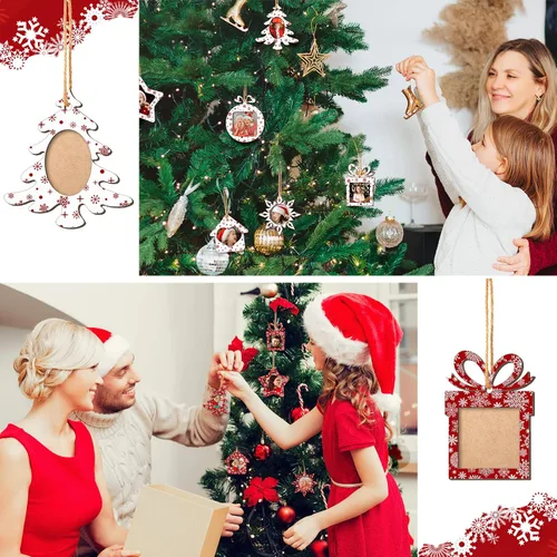 Vista 7 de 12 piezas de adornos de Navidad, marcos de fotos de copo de nieve de madera para árbol de Navidad, pequeños marcos de fotos colgantes para árbol