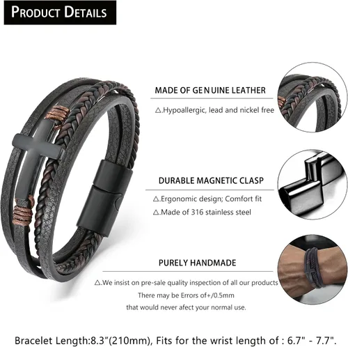 Vista 6 de Pulsera de cuero para hombre con cruz de fe trenzada de múltiples capas, pulsera religiosa para hombres y mujeres