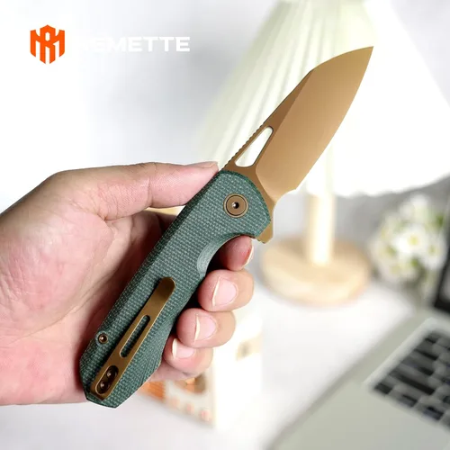 Vista 7 de RT-CAMEL - Cuchillo de bolsillo plegable, cierre con forro de botón, hoja de acero 14C28N de 3.1 pulgadas, cuchillo EDC con mango de micarta