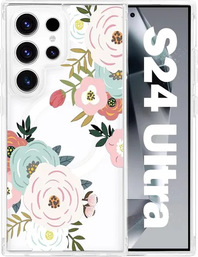 Vista 57 de Funda magnética para Samsung Galaxy S22 Ultra Flower, compatible con MagSafe, patrón floral transparente a prueba de golpes, parte trasera