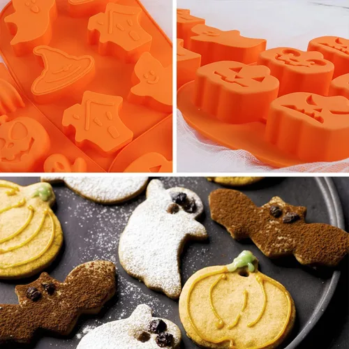 Vista 3 de Molde de silicona para chocolate con temática de Halloween, calabaza, murciélago, calavera, fantasma, molde para caramelos, 2 unidades de 12