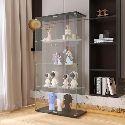 Vista 13 de Armario esquinero de cristal templado con 4 estantes de 64 pulgadas de alto, gabinete de licor de 5 lados con luces LED, bloqueo y pies ajustables