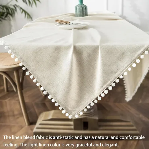 Vista 5 de DriftAway Mantel decorativo con borlas y pompones, de lino, rectangular, texturizado, para interiores y exteriores, comedor, buffet, cena, 55 Lino