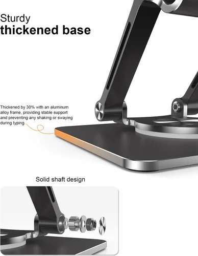 Vista 5 de Soporte para Tablet con Base Giratoria de 360° de Aluminio Ajustable de Doble Varilla para Todos los iPad de 5.8-12.9”, Samsung, Teléfono Tablet