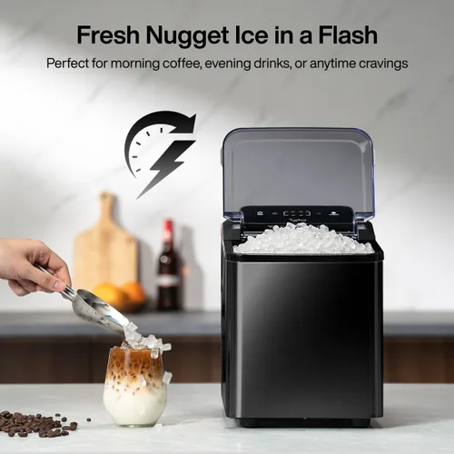 Vista 5 de Typhur Máquina de hielo de pepita rápida con bomba de autolimpieza, máquina de hielo de guijarros triturados de 35 libras/24 horas, 8 paquetes