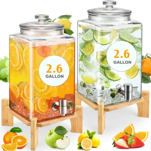 Vista 8 de FillTouch Juego de 2 dispensadores de bebidas de vidrio de 1.5 galones con soporte de madera, dispensadores grandes de bebidas de agua para fiestas
