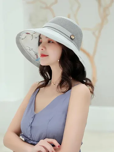 Vista 2 de Sombreros de malla de verano para mujeres con protección UV de ala ancha plegables para playa tipo bucket Gris