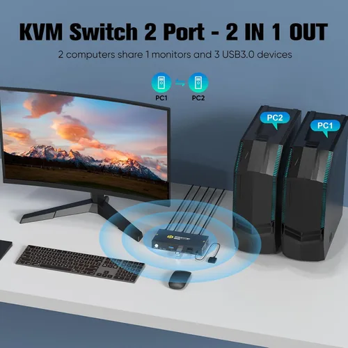 Vista 2 de Conmutadores KVM de 2 puertos 8K a 60Hz, interruptor KVM GREATHTEK HDMI Compartir dispositivos USB con 3 concentradores USB3.0, 2 computadoras, 1