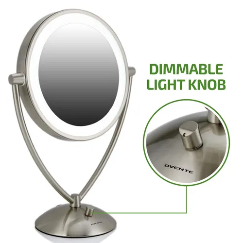 Vista 7 de Ovente Espejo de maquillaje de mesa iluminado de 9.5 pulgadas, LED, regulable, 1 lupa 5X, 360 ajustable, doble cara, funciona con batería, funciona