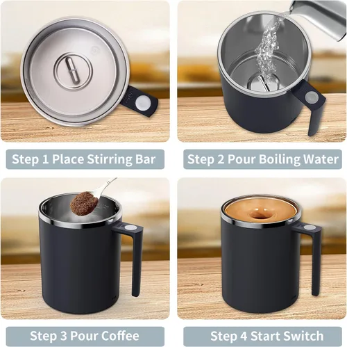Vista 3 de Taza de café autoagitable, taza mezcladora eléctrica de 12.2 onzas con agitador magnético y antisedimentación, taza de viaje recargable para café