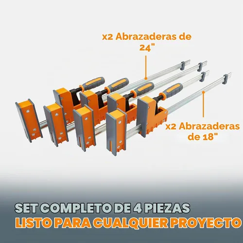 Vista 6 de Bora Juego de 4 abrazaderas paralelas - 2 x 18 pulgadas y 2 x 24 pulgadas Heavy duty bar clamps for woodworking, 1,100 lb clamping force, 3.5 in