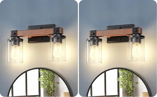 Vista 9 de EDISHINE - Apliques de pared de madera pintada de 2 luces, lámpara de tocador de granja Clear Glass Shade, Up & Down Mounting Optional, E26 Base