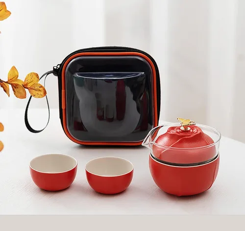Vista 8 de Juego de té de viaje, juego de té chino, taza de kung fu, juego de té de gaiwán, juego de té portátil, juego de té rosa mariposa, tetera todo