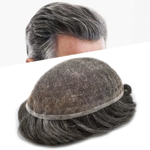 Vista 44 de Completo suizo encaje tupé para hombres pieza de pelo real sistema de reemplazo de cabello humano para hombres Toupee Hairpieces para hombres 7x9