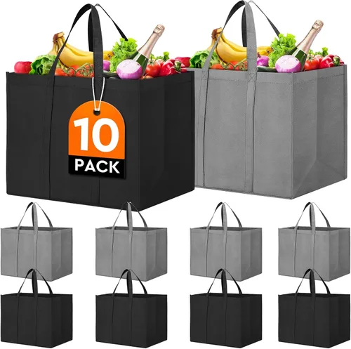 Vista 11 de WISELIFE Bolsas de compras reutilizables para comestibles, paquete de 10 bolsas grandes plegables a granel, con asa larga para compras de Negro