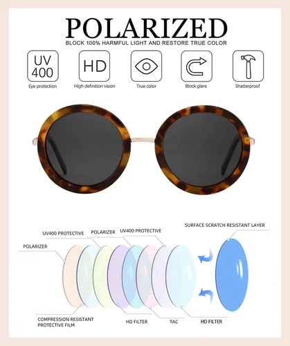 Vista 24 de JOOX Gafas de sol redondas polarizadas retro para mujer, gafas de sol vintage de gran tamaño con lente de protección UV 100%