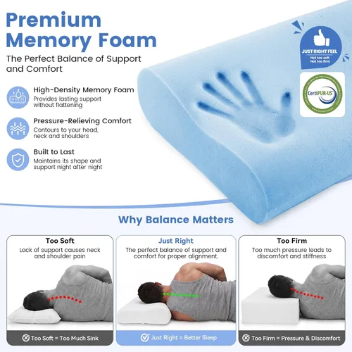 Vista 13 de Almohada de espuma viscoelástica, doble altura (4.7 y 6.1 pulgadas), almohada cervical de alto perfil para dormir de lado, almohada ergonómica