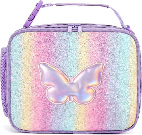 Vista 9 de Lonchera con diseño de mariposa para niñas y niños, lonchera aislada con diseño de arco iris con asa de clip, lonchera a prueba de fugas con Rainbow