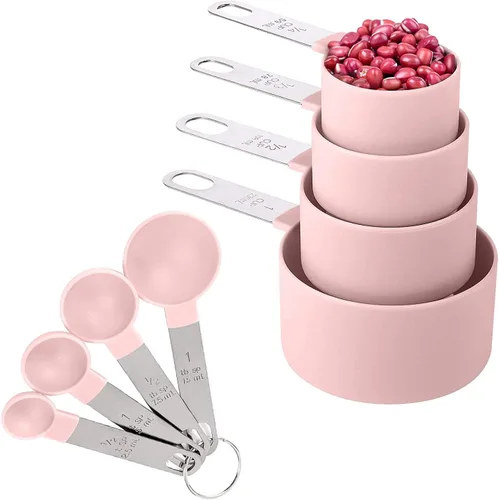 Vista 6 de Juego de 8 tazas y cucharas medidoras/tazas medidoras anidables con mango de acero inoxidable/para ingredientes secos y líquidos (gris oscuro)
