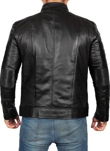 Vista 3 de Decrum Chaqueta de piel de cordero real Cafe Racer para hombre, estilo de Austin Negro