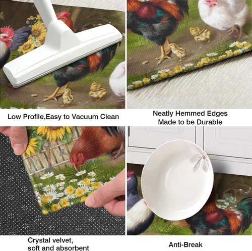 Vista 4 de Juego de 2 alfombras de cocina con temática de gallo, decoración de granja, tapetes absorbentes y antideslizantes, lavables, decoración de girasol