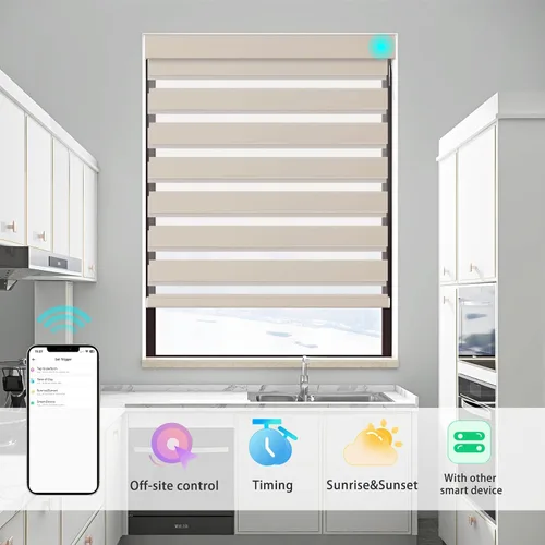 Vista 6 de Changshade Persianas Enrollables Motorizadas Inteligentes de Cebra Personalizadas para Ventanas y Puertas Interiores con Control Remoto Beige
