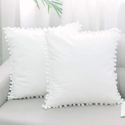 Vista 14 de Juego de 2 fundas para cojines decorativos de terciopelo sólido suave con borde de pompones